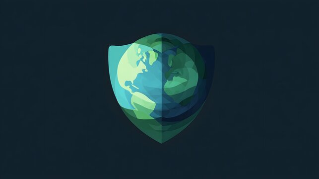 Stylized graphic depiction of a globe encircled by a protective shield against a dark background