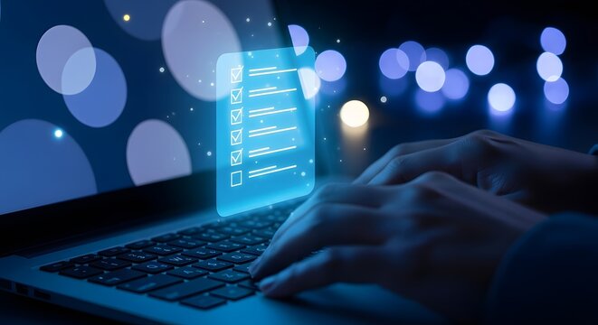 Digital Checklist on Laptop Screen with Blurred Lights Background.