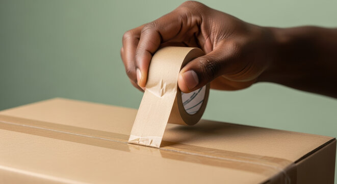 Closeup of person's hand sealing cardboard box with brown packing tape against green background for moving or shipping preparation