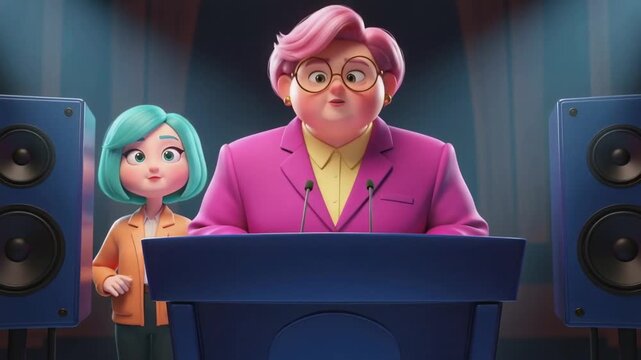Vibrant animated businesswoman in a pink suit leads a formal presentation at a conference, delivering a powerful message with a supportive partner