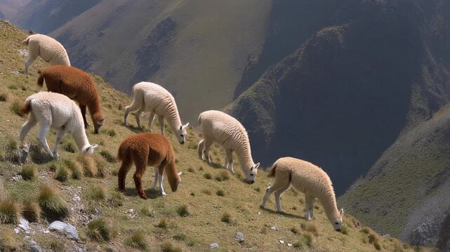 A herd of llamas and alpacas grazing on a steep, grassy mountainside under a bright sky in the Andes.