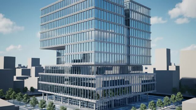 Architectural blueprint of a modern glass building with a clock tower prominently displayed, showcasing innovation, progress, and forward thinking in urban planning, perfectly suitable for.