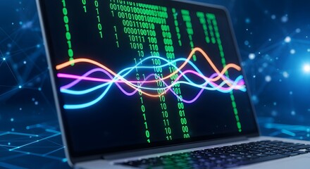 Digital Data Analysis and Technology Concept with Glowing Lines on Laptop Screen.