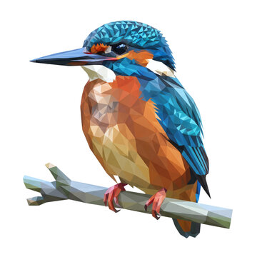 Low poly kingfisher bird perched on branch
