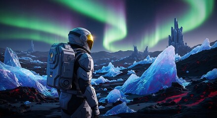 An astronaut surveys a breathtaking alien landscape beneath the dancing aurora lights. Evokes exploration, discovery, and the wonder of space, perfect for sci-fi themes.