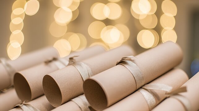 Diploma scrolls tied with ribbons, against warm bokeh lights, close-up, copy space