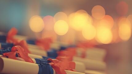 Diploma scrolls with red and blue ribbons, against warm bokeh lights, close-up, copy space