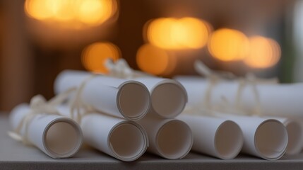 White diploma scrolls tied with ribbons, on a table against warm bokeh lights, close-up, copy space