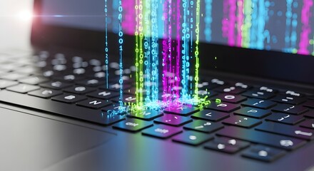 Digital Data Flowing from Laptop Keyboard into Abstract Colorful Matrix.