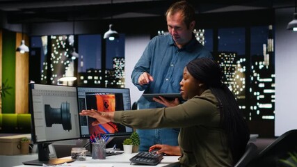 Team of skilled engineers creating Mars based virtual station using turbine on AI interface. Futuristic program processing data with deep learning and automation for game optimization. Camera B. - Powered by Adobe