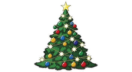 Fototapeta premium Decorated Christmas Tree Illustration with Star, Lights, and Ornaments - Festive Holiday Vector