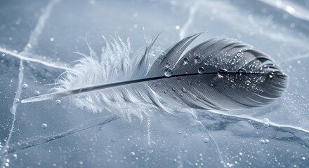 A close-up of a delicate feather with water droplets resting on its surface, showcasing intricate details and textures against a soft, blurred background