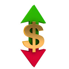 Obraz premium Golden dollar sign with green up and red down arrows indicating fluctuation