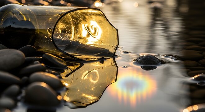 A pair of sunglasses with reflective lenses resting on a pebble-covered shoreline during sunset, creating a warm and tranquil scene with natural reflections and smooth stones - Powered by Adobe