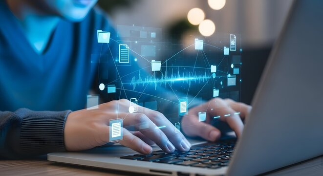 Digital Data Flowing from Laptop Screen to Users Hands. - Powered by Adobe