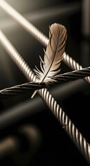 Close-up of a delicate feather resting on intertwined metal cables, highlighting contrast between organic and industrial elements with a dark background