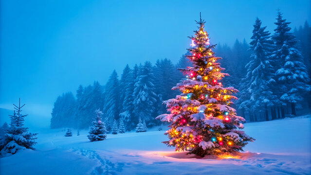 Decorated Christmas tree in snowy winter landscape, illuminated with lights, brings joyfulness and warmth to Christmas Day festivities and celebrations