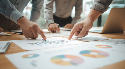 Business team analyzing financial data charts graphs and documents