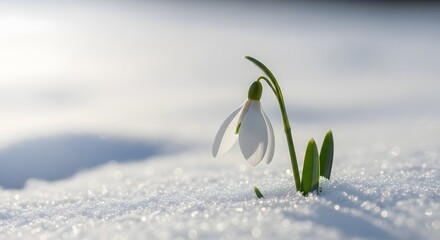 A delicate snowdrop flower emerging through the snow, symbolizing early spring and resilience in cold weather conditions