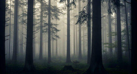 Ethereal Forest Landscape Mystical Foggy Woods Sunlight Beams Fantasy Nature Scene