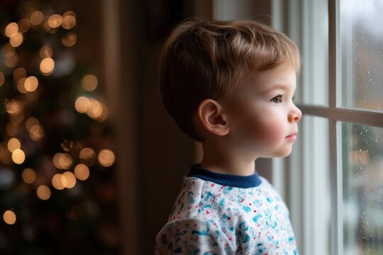 Young child in pajamas observing outside, waiting for Christmas during holidays with festive bokeh lights in background