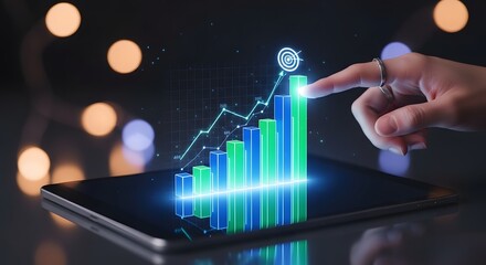 Digital Financial Growth Chart Displayed on Tablet with Finger Interaction.