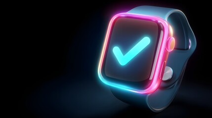 Glowing digital wrist-worn device displays a bright confirmation symbol against a dark background