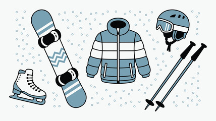 Winter sports flat vector set in blue and grey, including ski equipment, snowboard, ice skates, helmet, jacket, and poles, perfect for minimalist snow sports