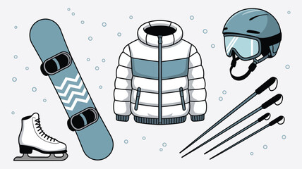 winter sports gear, including snowboard, skis, ice skates, helmet, jacket, and poles, in blue and grey, perfect for snow sports graphics