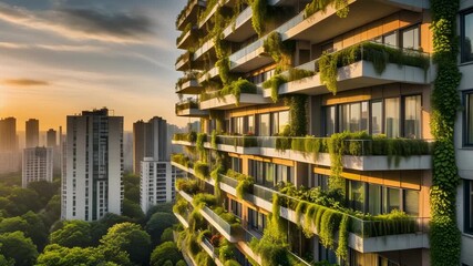 A modern high-rise building with lush vertical gardens and green balconies in an urban city at sunset. - Powered by Adobe