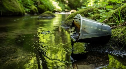 A discarded metal can lying on its side in a natural stream surrounded by lush green vegetation and rocks, highlighting pollution in nature