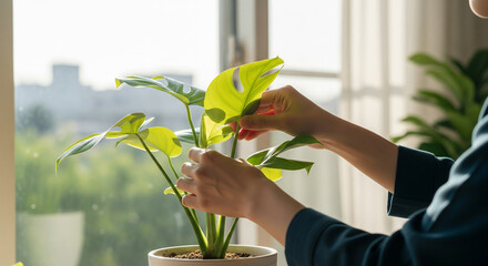 Hands placing a common houseplant by the window in a plain pot