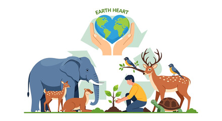 Obraz premium Vibrant illustration of global environmental conservation featuring hands cradling Earth, a person planting a tree, and diverse wildlife including elephants, deer, and turtles.