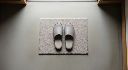 Top‑down still life of plain slippers and mat at a genkan
