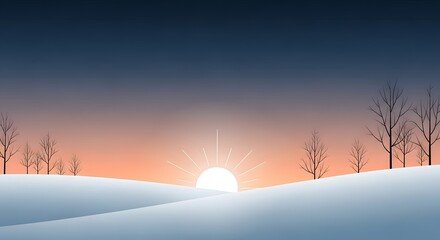 Winter Hill Sunrise Minimal Design, Simple vector landscape featuring a soft peach horizon under deep navy sky, snowy slope, and elegant black tree silhouettes for sleek visuals.