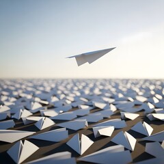 A minimalist scene featuring a paper airplane flying above a vast field of numerous folded paper planes under a clear sky during daytime