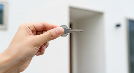 Close‑up of Japanese hands holding a plain house key against white wall