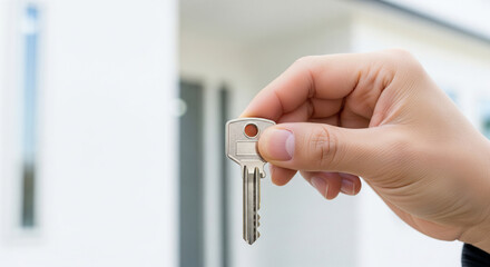 Close‑up of Japanese hands holding a plain house key against white wall