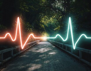 Luminous Heartbeat Wave Transforming Into a Serene Forest Path, Representing Holistic Wellness, Nature Healing, and Mind–Body Harmony