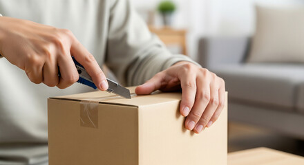Top‑close hands of a Japanese person opening a plain moving box in the living room