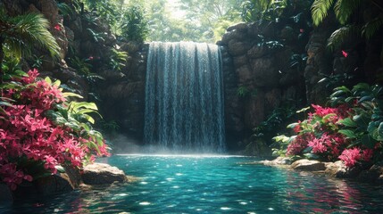 Lush tropical waterfall cascading into a serene pool. (1)