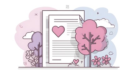 Romantic correspondence or document featuring a prominent heart symbol set against a whimsical natural background