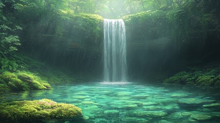 Serene waterfall cascading into a pristine pool in a lush green forest.