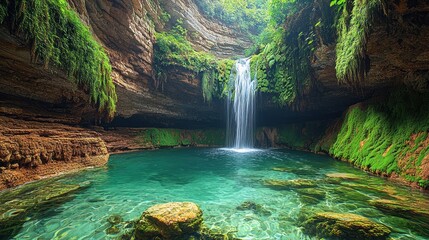 Hidden waterfall cascading into a crystal-clear pool within a lush green cave.