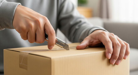Top‑close hands of a Japanese person opening a plain moving box in the living room