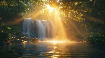 Sunbeams illuminate a serene waterfall cascading into a tranquil pool within a lush, green jungle.