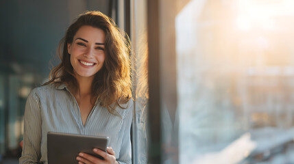 Portrait of smiling woman using tablet for business and communication