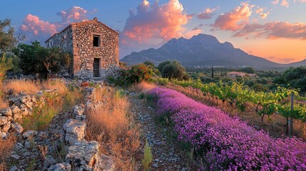 Stone house, sunset, lavender field, mountain view.