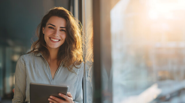 Portrait of smiling woman using tablet for business and communication
