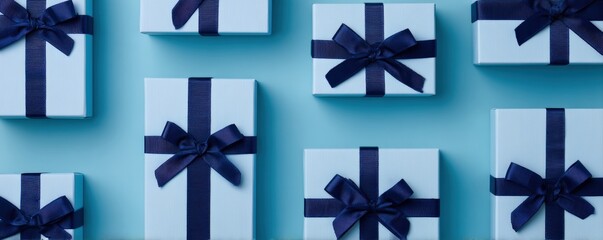 Light blue gift boxes wrapped with dark navy ribbons and bows are arranged on a blue surface, inviting celebration